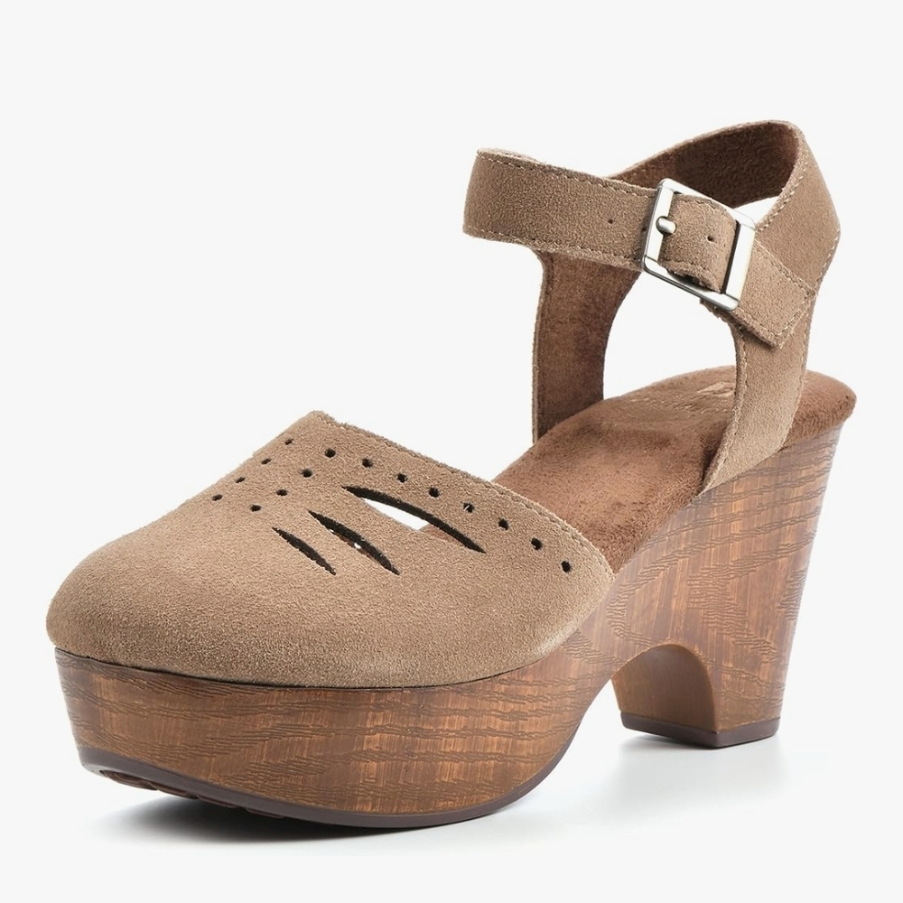 White Mountain Taupe Suede Platform Clog with Ankle Strap